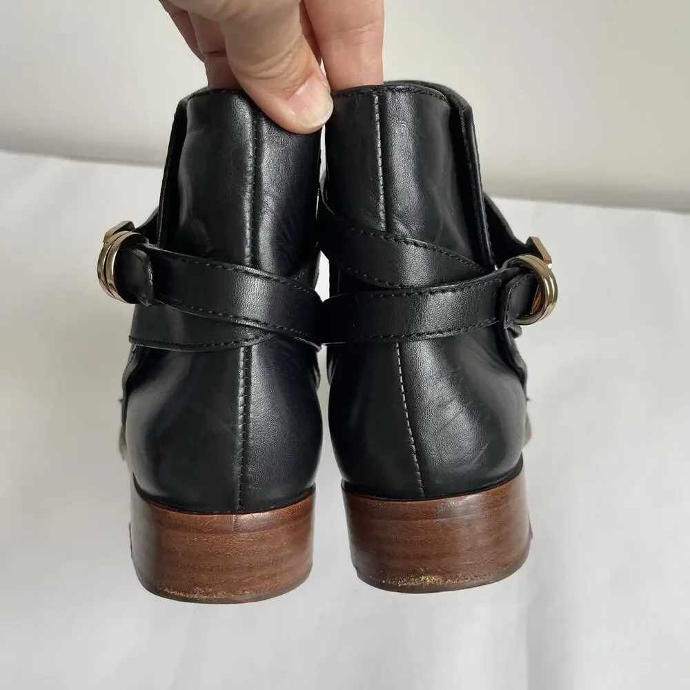 Tory Burch Black‎ Leather Harness Buckle Ankle Boots Size 8M Comfy Booties 5214